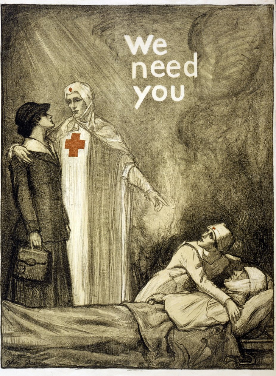 Plakat rekrutacyjny Czerwonego Krzyża, „We Need You”, wyd. 1918 (kolor lito) autorstwa Albert Edward Sterner