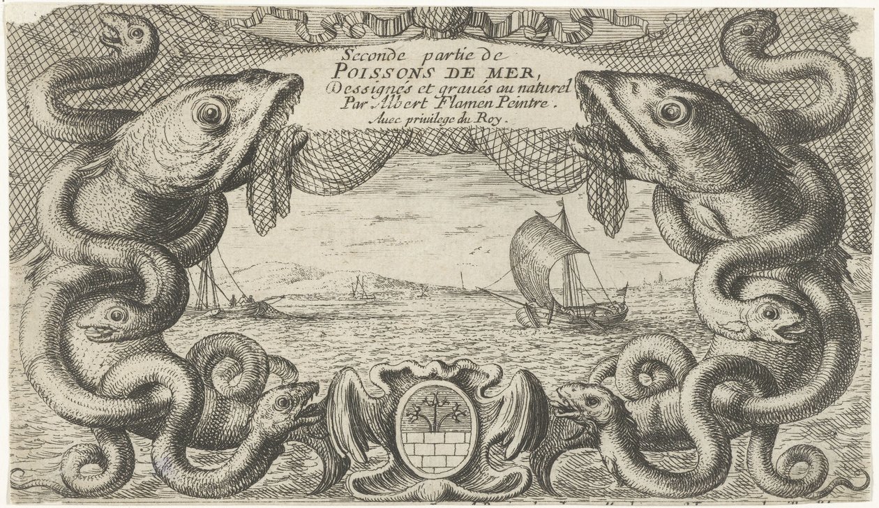 Pejzaż morski z obramowaniem stworzeń morskich i siecią rybacką Ryby i inne morskie stworzenia - druga seria słonowodnych (tytuł serii) Poissons de mer (tytuł serii na obiekcie) autorstwa Albert Flamen