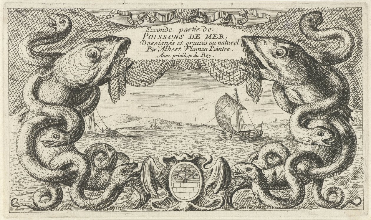 Pejzaż morski z obramowaniem stworzeń morskich i siecią rybacką Ryby i inne morskie stworzenia - druga seria słonowodnych (tytuł serii) Poissons de mer (tytuł serii na obiekcie) autorstwa Albert Flamen