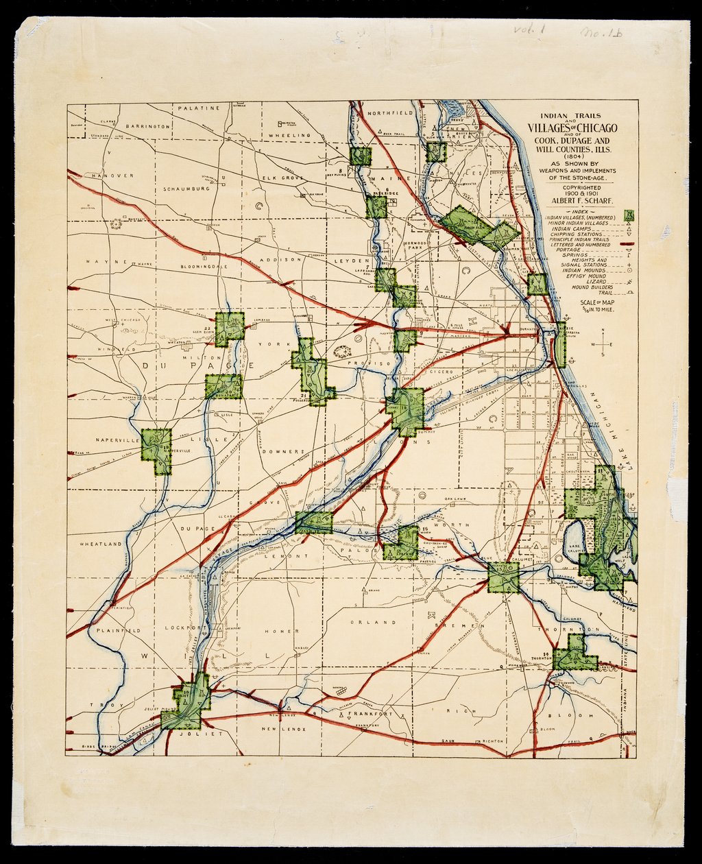 Mapa szlaków i wiosek Indian amerykańskich autorstwa Albert Frederick Scharf