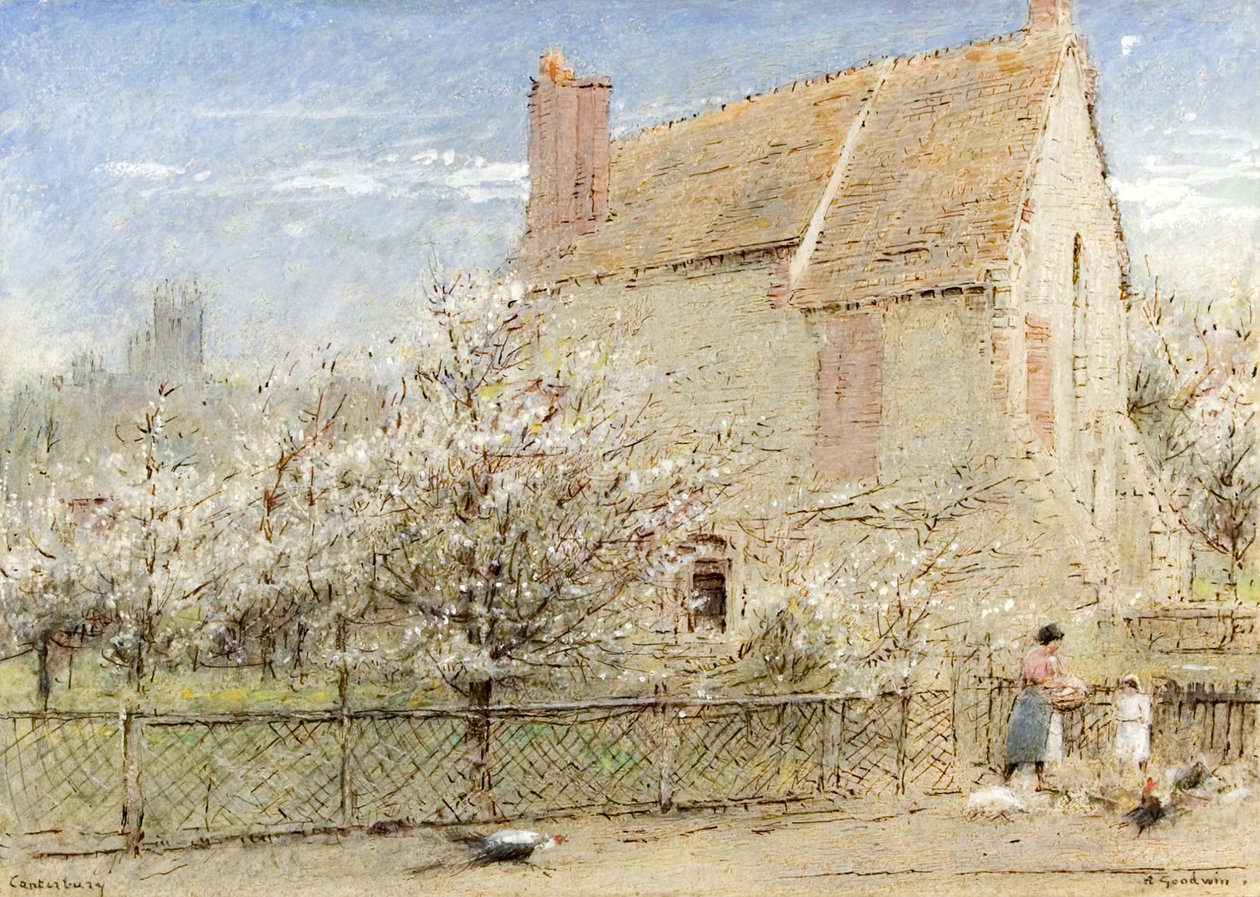 Canterbury „Stone Walls to not a Prison Make”, ok.1920 (akwarela, farba do ciała, długopis i atrament na papierze) autorstwa Albert Goodwin