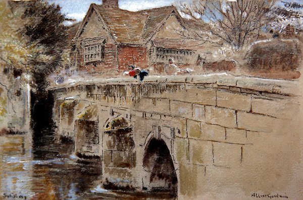 Crane Bridge, Salisbury (pióro i tusz z akwarelą i farbą do ciała na barwionym papierze) autorstwa Albert Goodwin