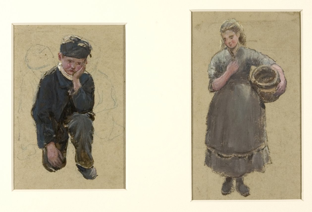 Fisher Girls i klęczący chłopiec autorstwa Albert Goodwin