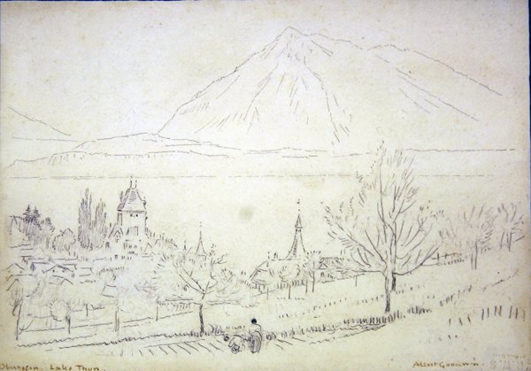 Jezioro Thun, Oberhofen (tusz i ołówek na papierze) autorstwa Albert Goodwin