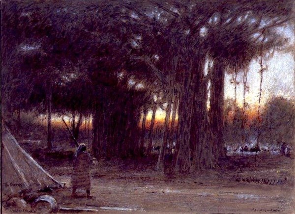 Drzewa Banyan i Sentinel (pióro i tusz, akwarela i gwasz) autorstwa Albert Goodwin