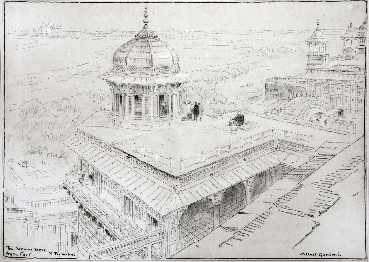 Jaśminowa Wieża, Fort Agra i Tadź Mahal (rysunek) autorstwa Albert Goodwin