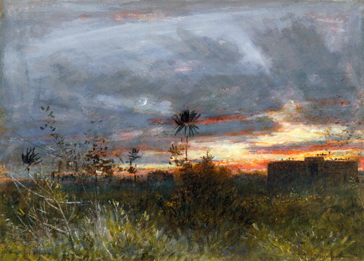 „Wieże ciszy, Bombaj”, 1909 autorstwa Albert Goodwin