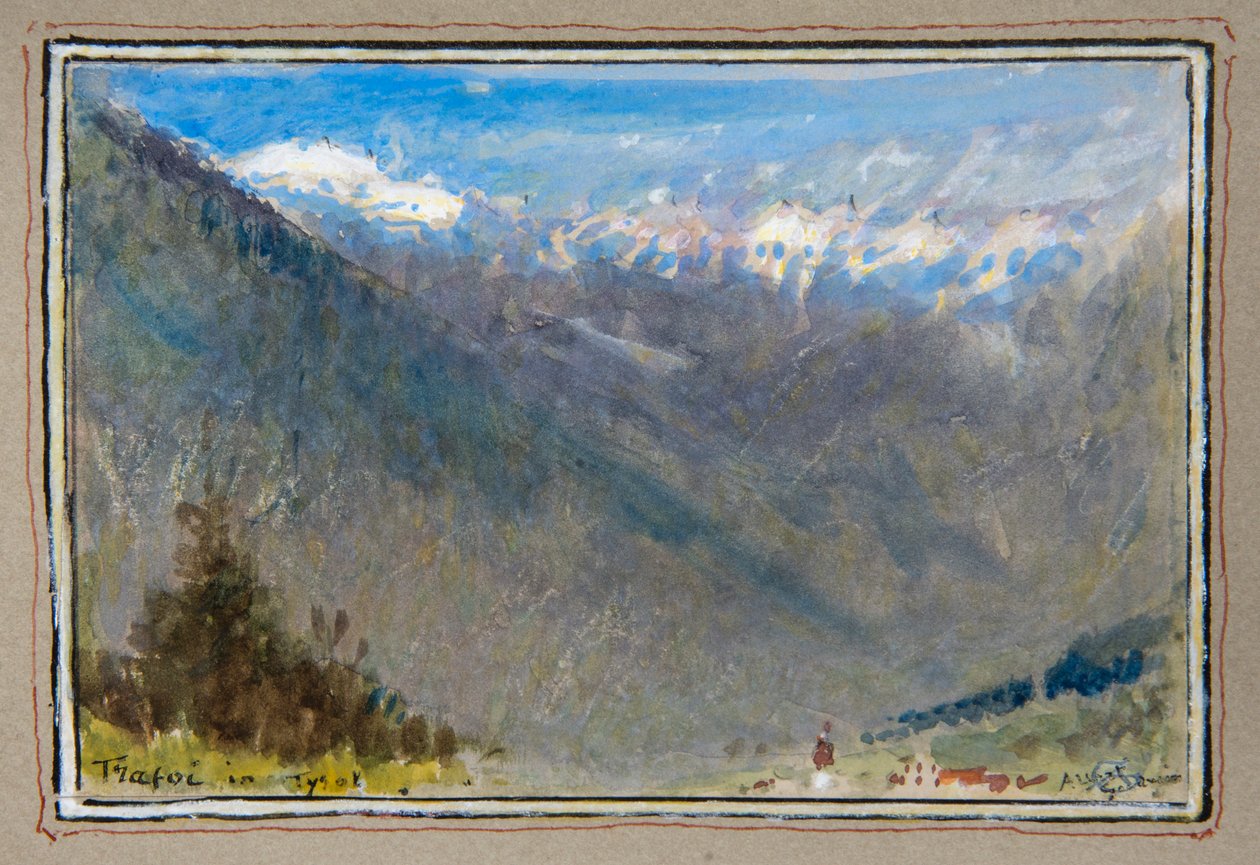 Trafoi w Tyrolu (akwarela z akwarelą otoczoną ozdobną ramką) autorstwa Albert Goodwin