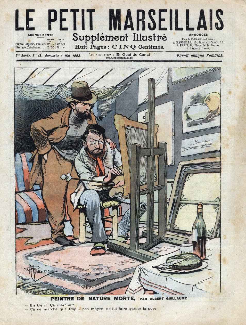 Malarz na strychu maluje martwe natury, butelka wina i ciasto użyte jako model nie stoją w miejscu. Ilustracja Alberta Guillaume (1873-1942) z „”Le petit Marseillais”” 04/05/1902 autorstwa Albert Guillaume