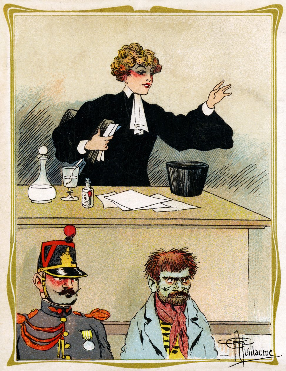 Prawnik o pięknej twarzy, błaga i broni swojego klienta, wygląda cierpliwie. Reklama, grawerowanie 1902-1903 autorstwa Albert Guillaume