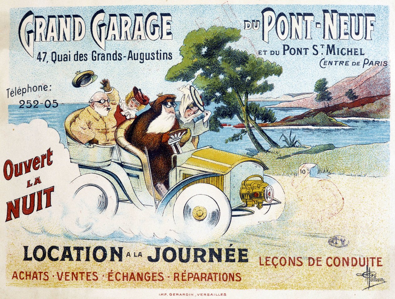 Grand Garage du Pont-Neuf: wynajem, nauka jazdy, kupno, sprzedaż, naprawy - plakat reklamowy Alberta Guillaume