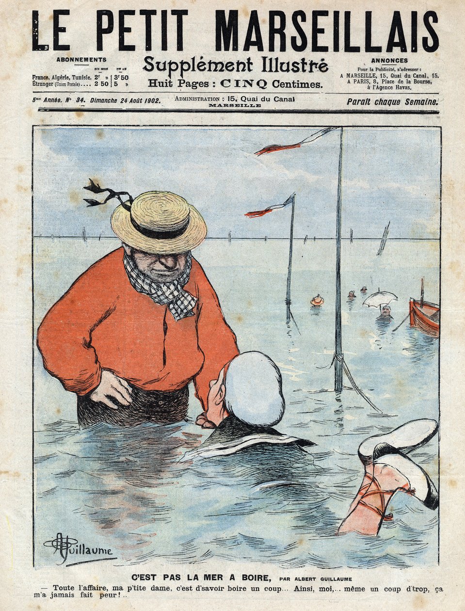 Mała scena komiksowa przedstawiająca kobietę uczącą się pływać pod okiem innego pływaka, miłośnika napojów. Ilustracja Alberta Guillaume z „”Le petit Marseillais”” 24.08.1902 autorstwa Albert Guillaume