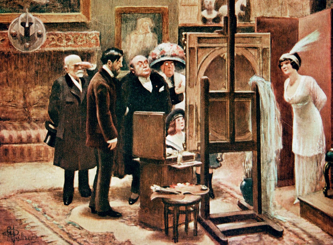 malarz pokazujący swój obraz, ok. 1920 (druk) autorstwa Albert Guillaume