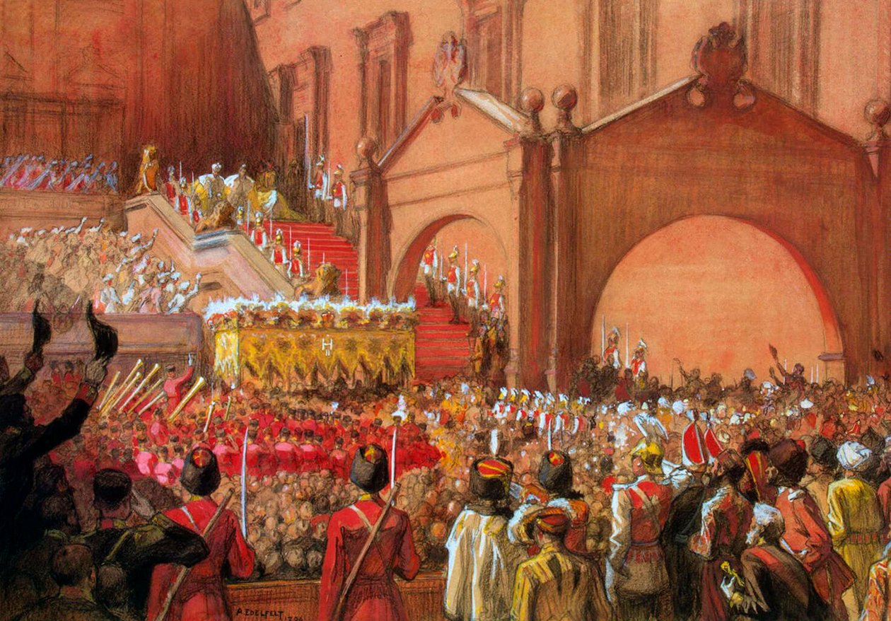 Cesarz Mikołaj II na Czerwonej Ganek po koronacji, 1896 r. autorstwa Albert Gustaf Aristides Edelfelt