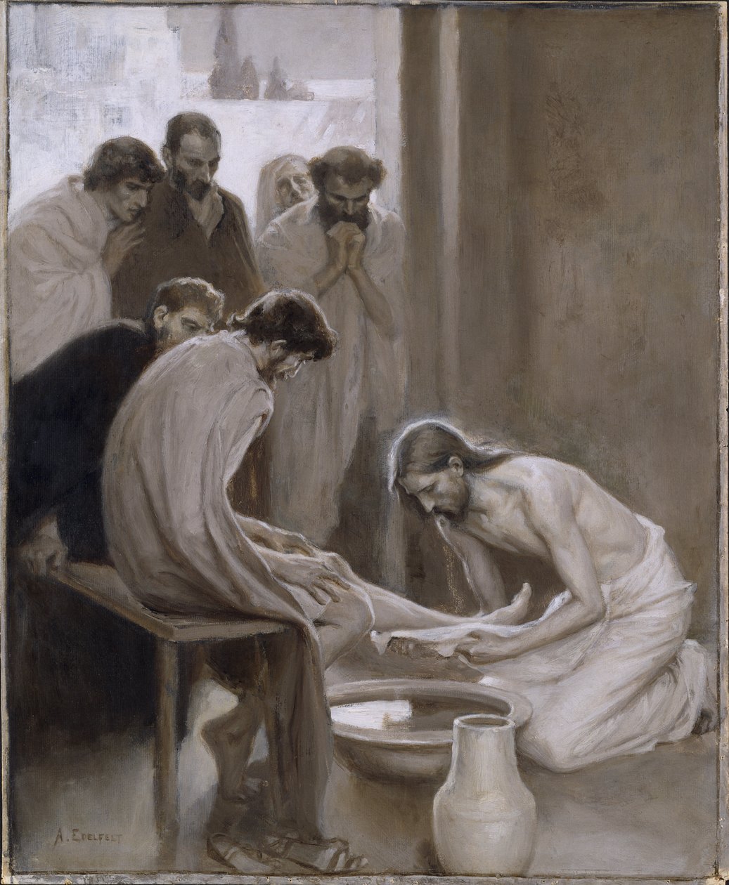 Chrystus myjący stopy swoim uczniom - Chrystus myjący stopy uczniom, Edelfelt, Albert Gustaw Aristides (1854-1905). Grisaille autorstwa Albert Gustaf Aristides Edelfelt