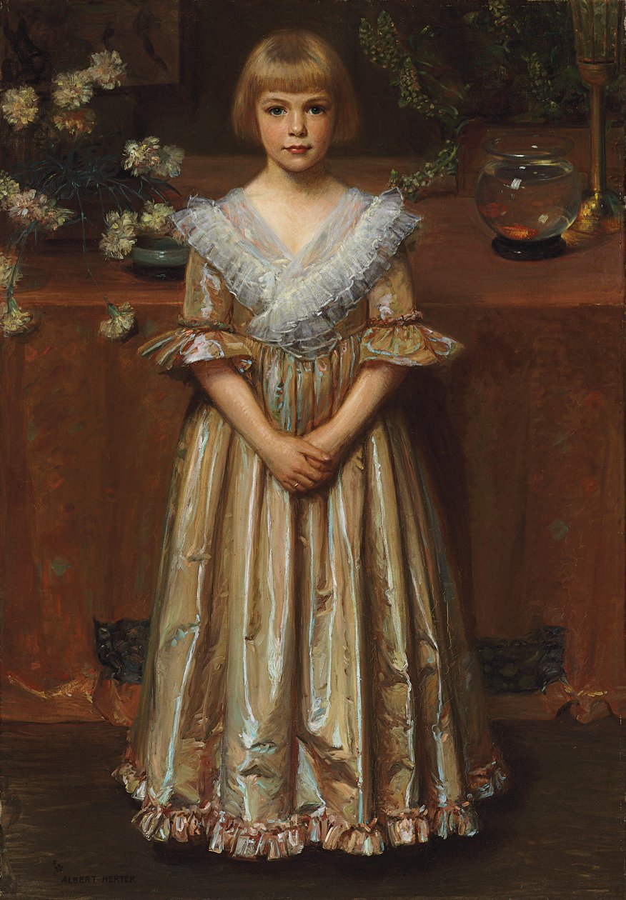 Dziewczyna z miską ze złotą rybką (olej na płótnie) autorstwa Albert Herter