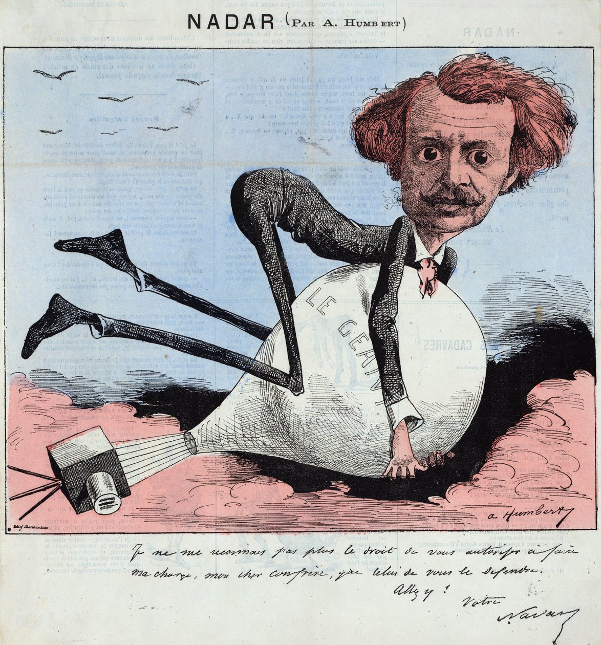 rysunek przedstawiający Nadara i jego gorący balon, c.1863 (litografia) autorstwa Albert Humbert