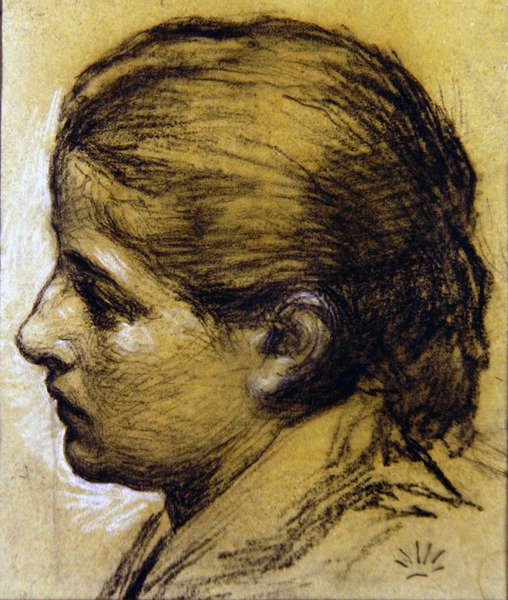 Studium głowy dziewczyny, ok. 1870 (węgiel na woskowanym niebieskim papierze) autorstwa Albert Joseph Moore