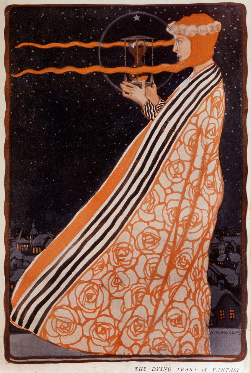 Kobieta trzymająca klepsydrę, sd. początek 20 wieku. Ilustracja Klingnera Alberta (1869-1912) autorstwa Albert Klingner