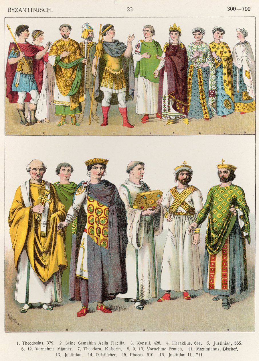 Sukienka na dworze bizantyjskim, 300-700, z „Trachten der Voelker”, 1864 (kolor lito) autorstwa Albert Kretschmer