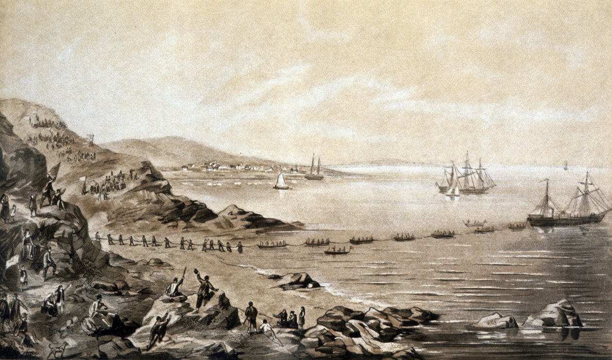 instalacja pierwszego transatlantyckiego kabla telegraficznego między Irlandią a Kanadą (1857) rycina Alberta Krugera ok. 1870 r. autorstwa Albert Kruger