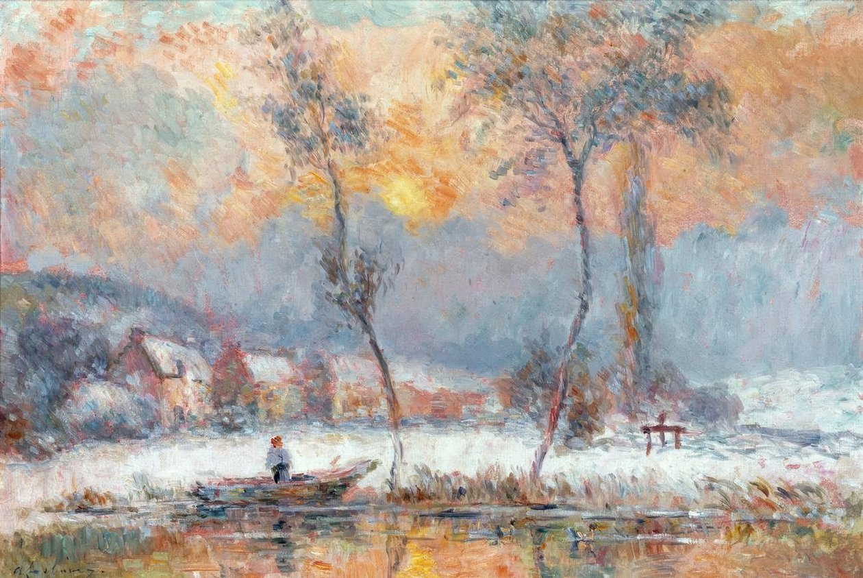 Wschód słońca, przez śnieg, nad stawem Chalou-Moulin autorstwa Albert Lebourg