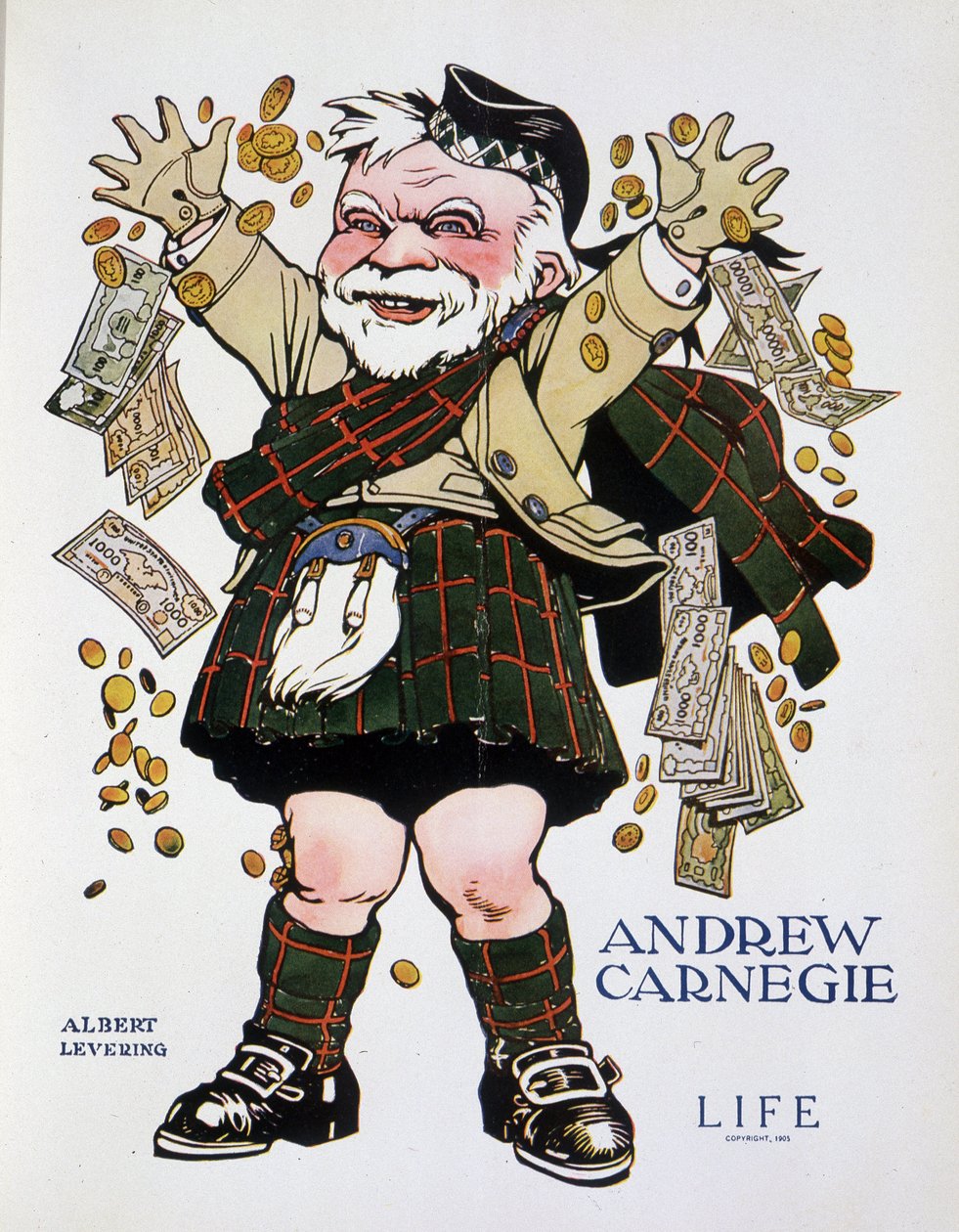 Portret szarży Andrew Carnegie w garniturze w kratę i rzucający pieniędzmi - Albert Levering (1869-1929), w „Życiu” z 13.04.1905 autorstwa Albert Levering