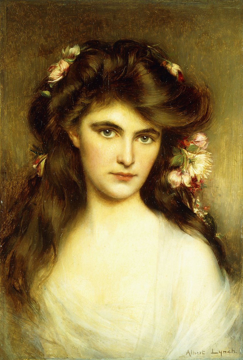Młoda piękność z kwiatami we włosach, autorstwa Albert Lynch