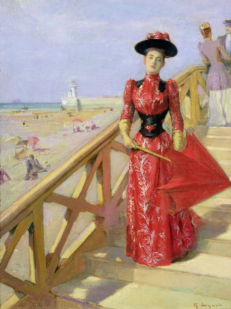 Kobieta schodząca po schodach na plażę autorstwa Albert Lynch