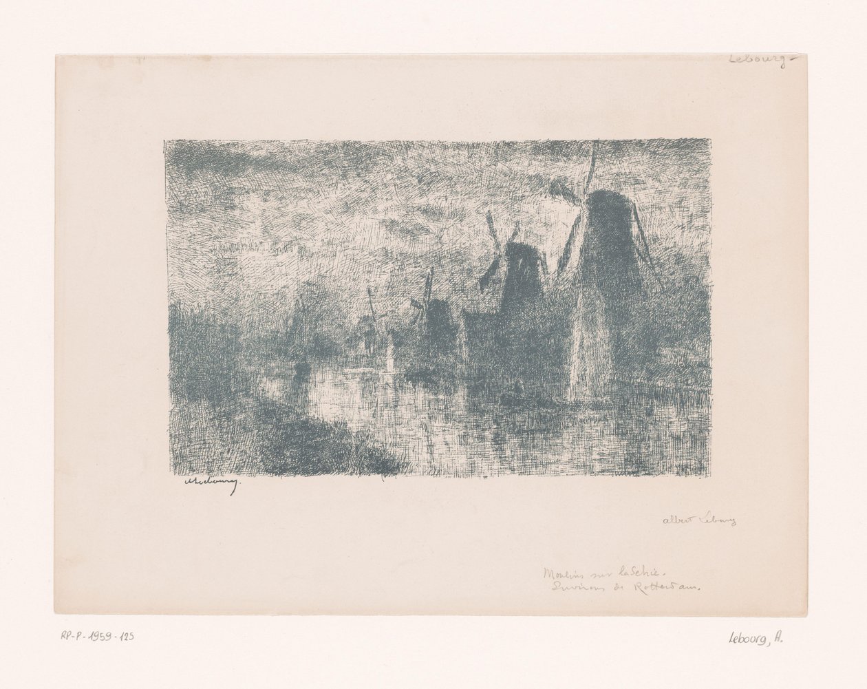 Wiatraki na Schie koło Rotterdamu Moulins sur la Schie (tytuł na obiekcie) autorstwa Albert Marie Lebourg