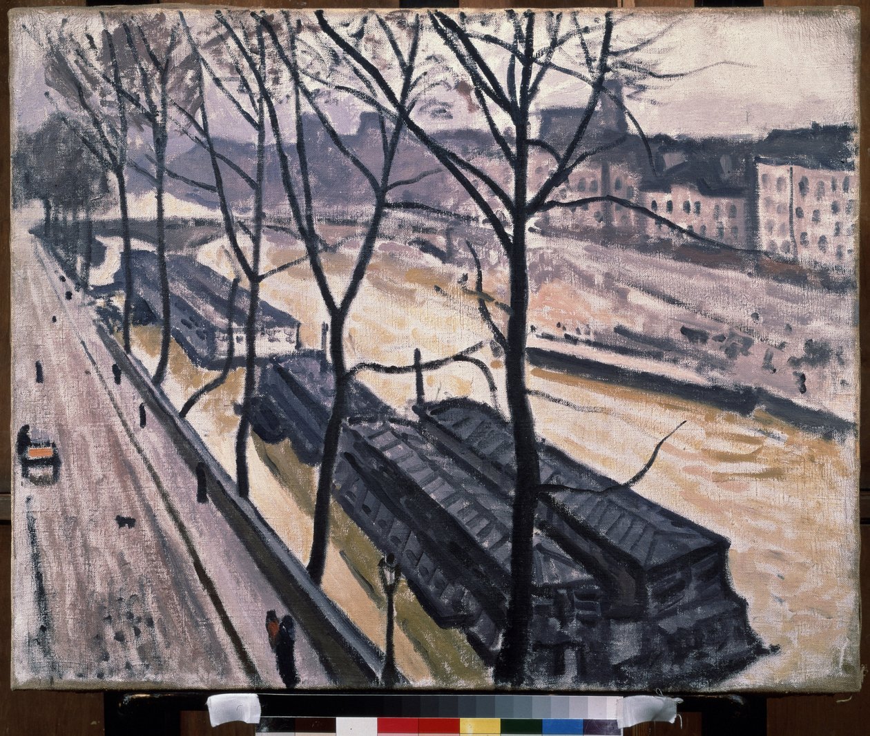 ""Paris en hiver, quai Bourbon"" (Paryż zimą. Quai Bourbon) Barki na brzegach Sekwany. Obraz Pierre