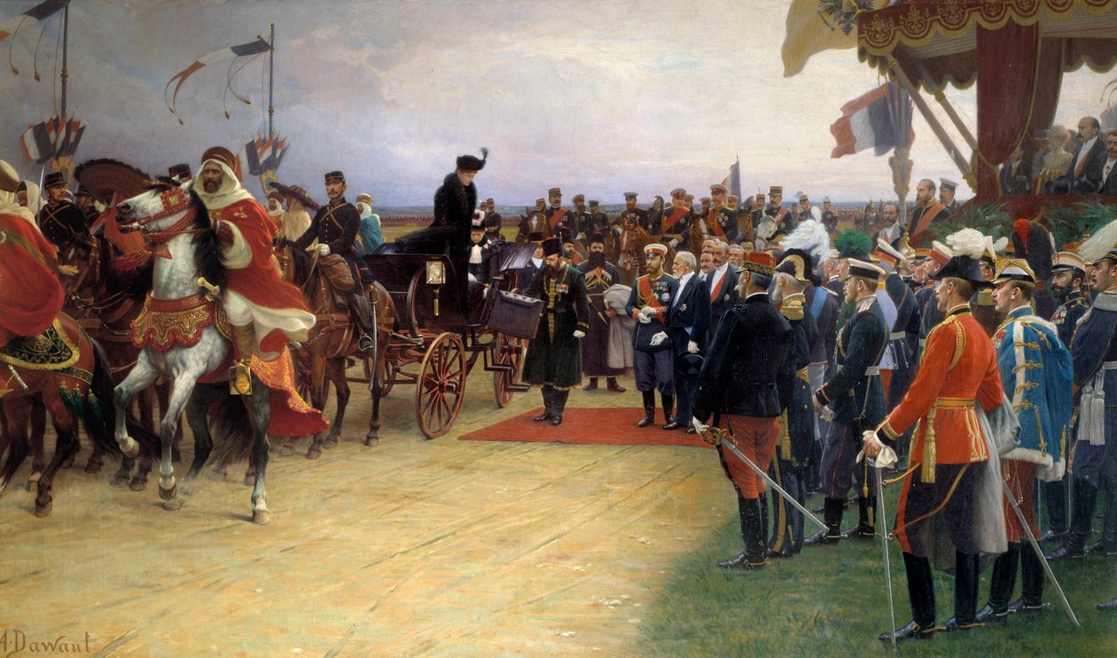 Prezydent Emile Loubet (1836-1929) wita cara Mikołaja II (1868-1918) i Impress Alexandrę 21.09.1901 w Betheny Camp Obraz Alberta Dawanta (1852-1923) 1905 niedz., 09x3,56 m autorstwa Albert Pierre Dawant