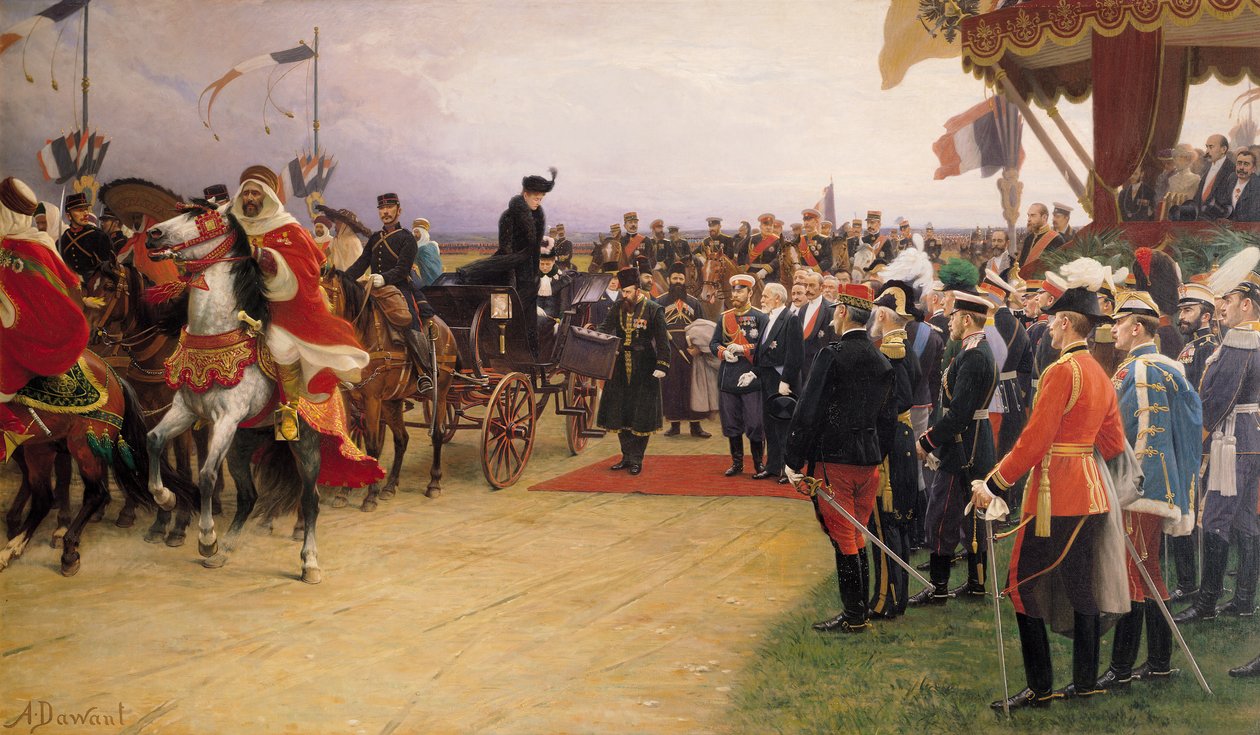 Prezydent Emile Loubet (1838-1929) Witający cara Mikołaja II (1868-1917) i carinę Aleksandrę (1872-1918) w obozie w Betanii, 21 września 1901 r. 1905 autorstwa Albert Pierre Dawant