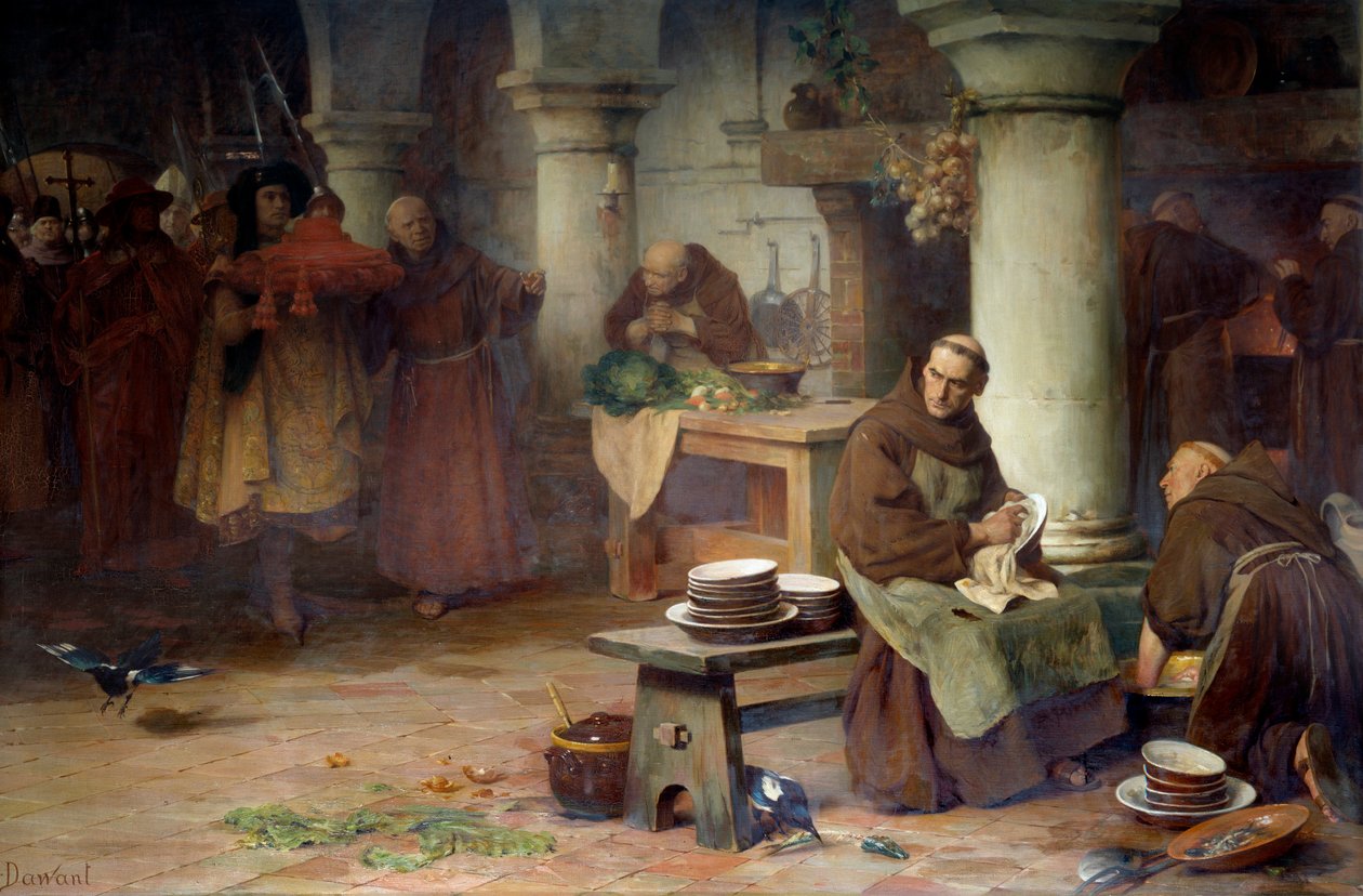 Św. Bonawentura (San Bonaventura) (1217-1274) otrzymujący purpurowy kardynał Wysoki urzędnik Watykanu przynosi bar kardynalski do mnicha, który zajmuje się działalnością menażerii w opactwie. Obraz Alberta Pierre