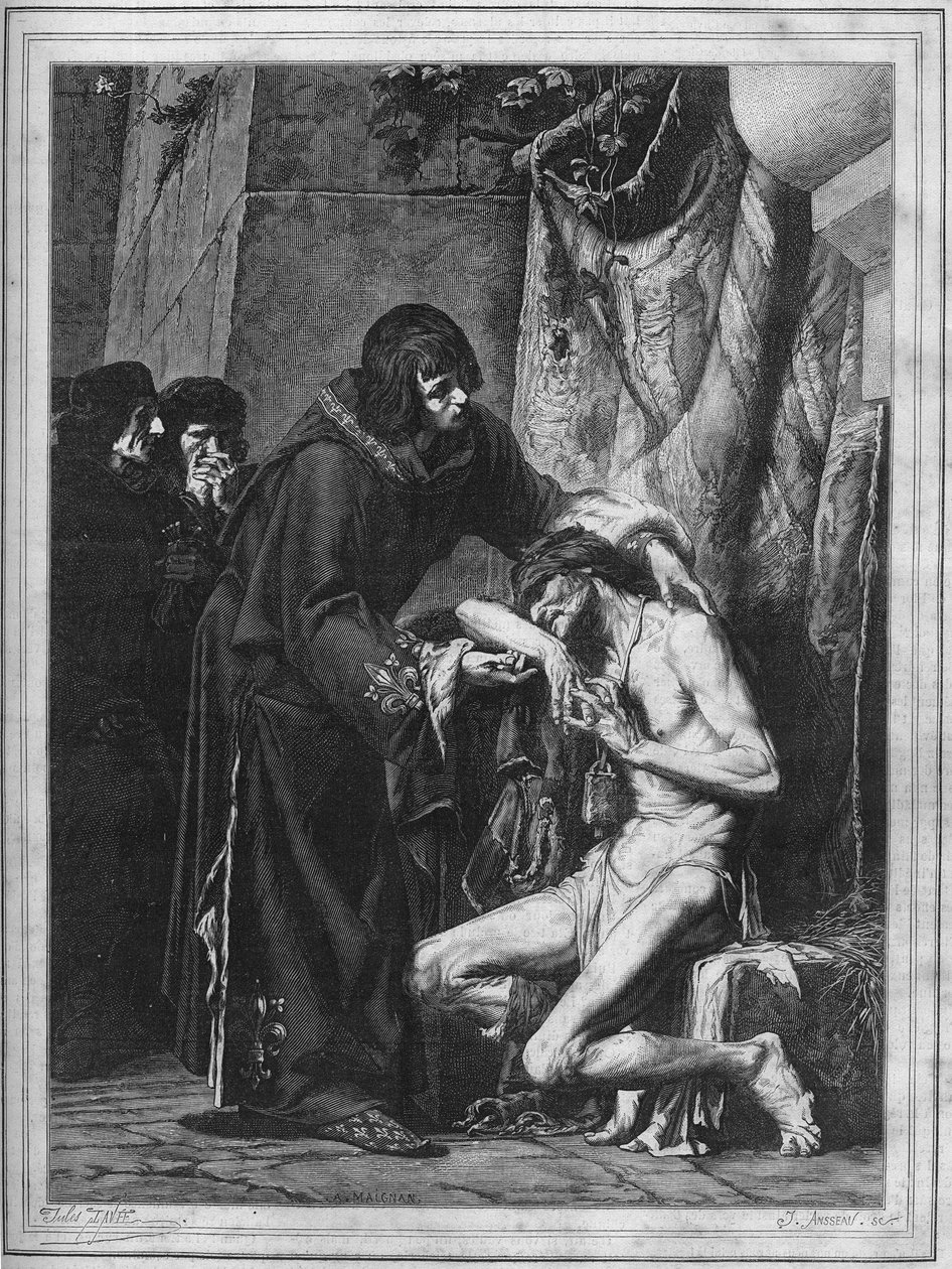Ludwik IX pociesza trędowatego: króla Francji św. Ludwika (1214-1270) i chorego podczas wybuchu trądu. Rycina z 1878 r. z obrazu Alberta Maignana (1845-1908). autorstwa Albert Pierre René (after) Maignan