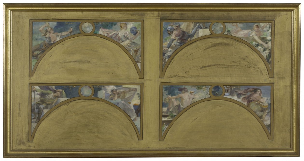 Szkic na Salon des Lettres w paryskim ratuszu: wielkie dzieła literackie (La Chanson de Roland, Le Misanthrope, Eviradnus, Mimi Pinson, Le Cid, Phèdre, Pantagruel, La Cigale), ok. 1890 (olej na płótnie z czarnym tuszem) autorstwa Albert Pierre Rene Maignan