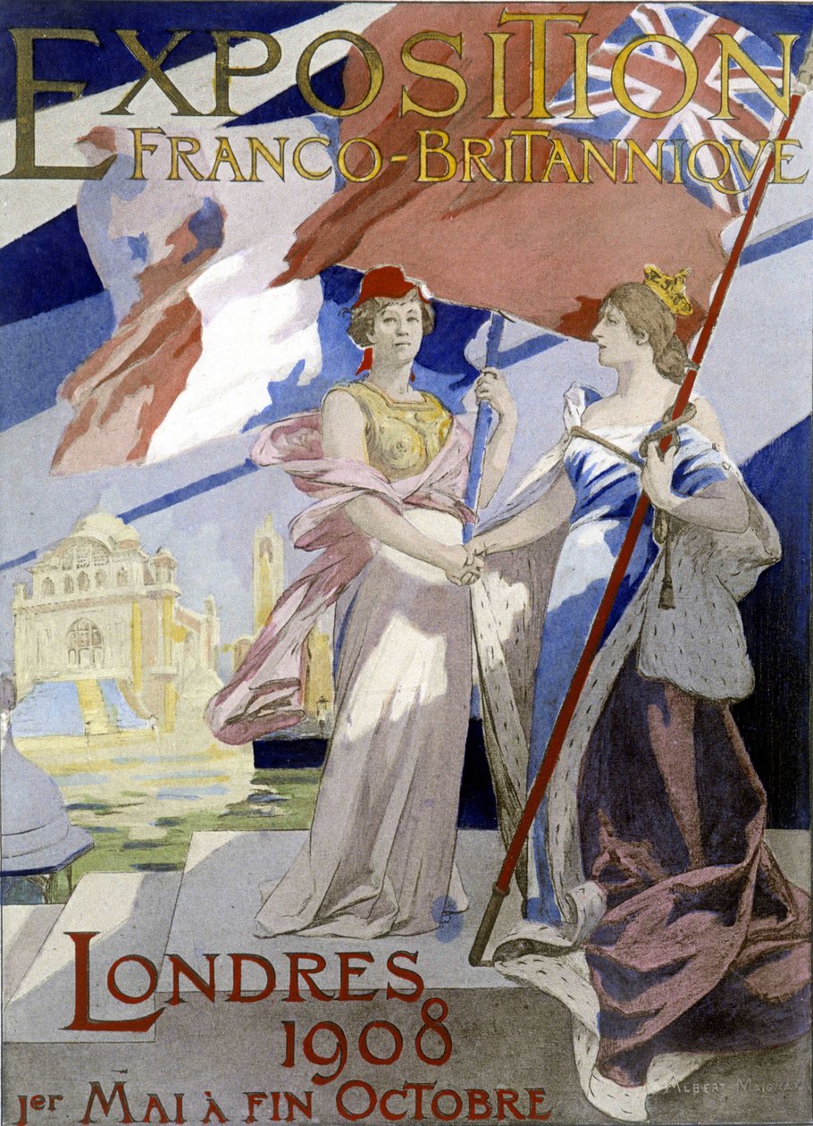Dwie kobiety, symbol Francji i Anglii, podają sobie ręce. Plakat Alberta Maignana (1908) do wystawy francusko-brytyjskiej 1908 w Londynie. autorstwa Albert Pierre Rene Maignan