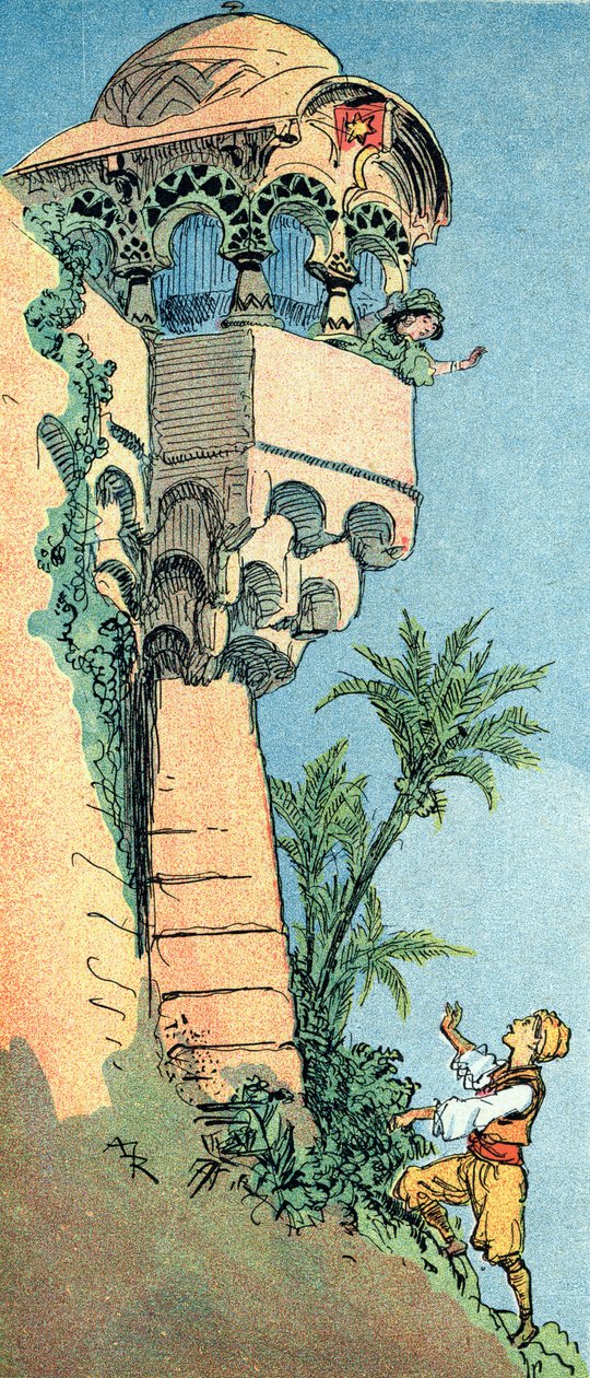 Aladyn odnajduje swój pałac i swoją żonę Ilustracja Alberta Robidy (1848-1926) do opowieści „Aladin i cudowna lampa” w „Les mille et une nuits” w „Księdze tysiąca i jednej nocy” lub „Księdze tysiąca i jednej nocy” ” autorstwa Albert Robida