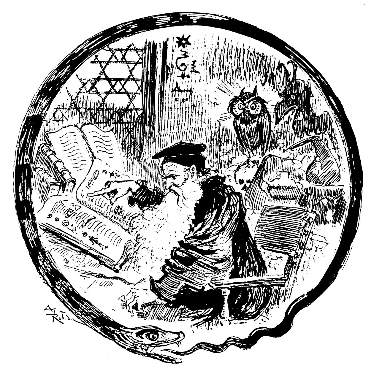 Alchemik konsultujący swoje grymuary (magiczne - kabalistyczne formuły) pod oczami sowy i demona - ramę obrazu kształtuje wąż kąsający swój ogon - Lettryna tworząca literę O - ilustracja autorstwa Alberta Robidy (1848-1926) dla rozdział h autorstwa Albert Robida