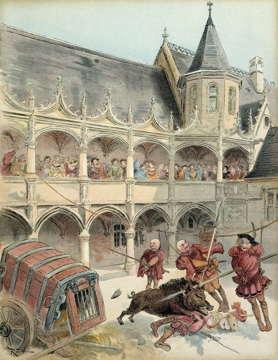 Dzik Amboise. Podczas obchodów po losie króla Franciszka I (1494-1547) w 1515 r. dzik na dziedzińcu zamku w Amboise zburzył barykadę i wspiął się po schodach prowadzących na piętro. Król zastrzelił go mieczem. Il autorstwa Albert Robida