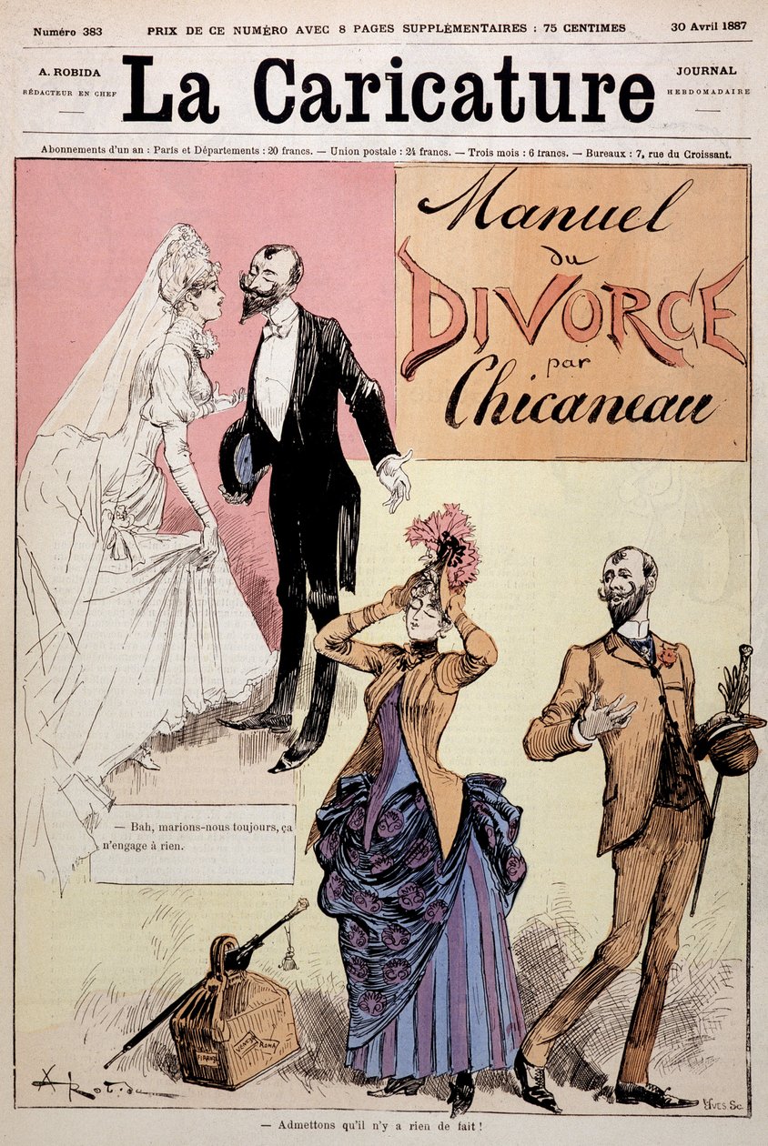 Para wyszła za mąż, a następnie rozwodziła się, „Le Manuel du rozwód”” autorstwa Chicaneau, ilustracja Albert Robida (1848-1926), okładka. „”Karykatura””, 30.04.1887. autorstwa Albert Robida