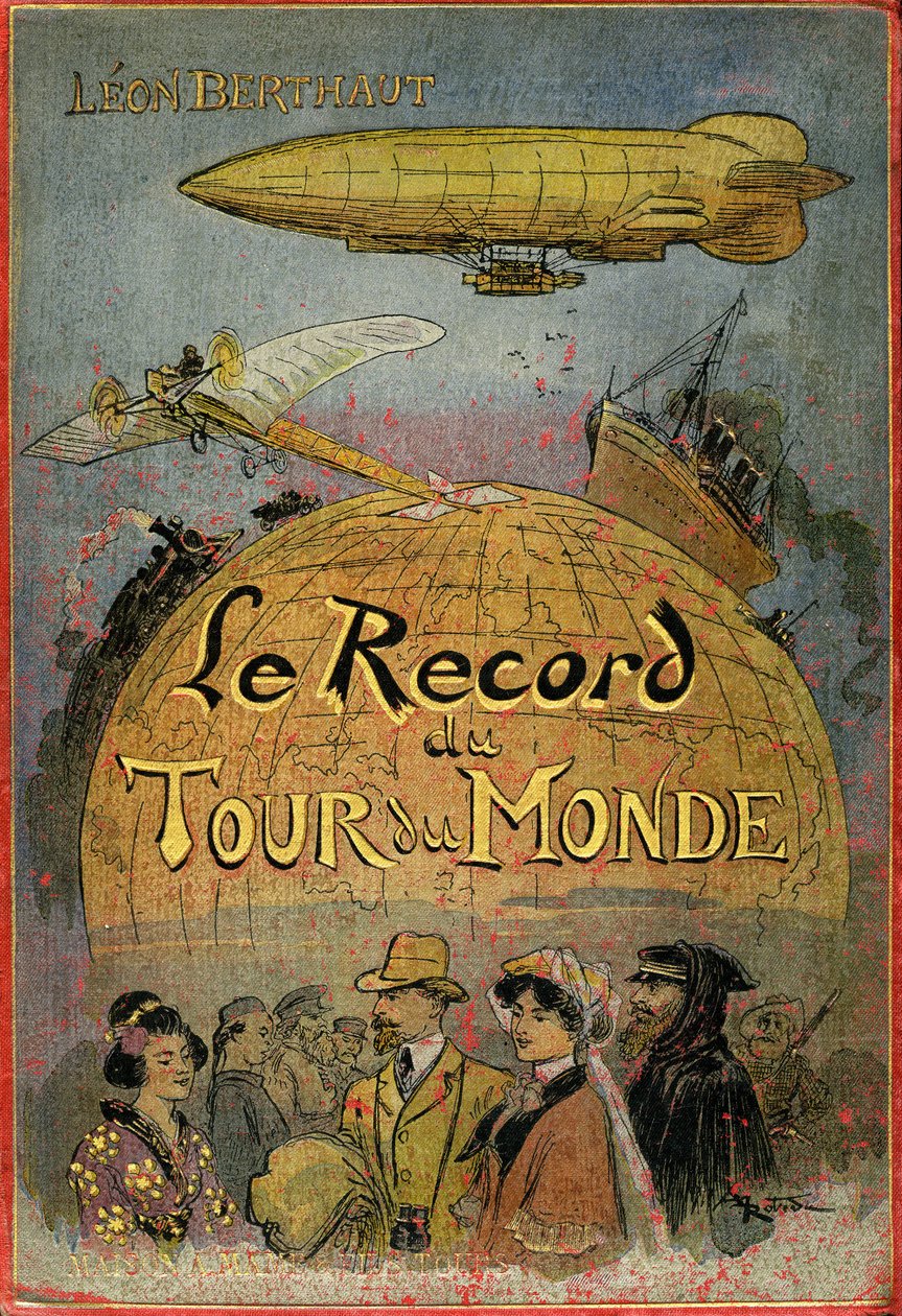Okładka zilustrowana przez Alberta Robidę (1848-1926) książki Leona Berthaulta „Le record du tour du monde”, wydanie Mame debiut 20eme century (1911) - Jest to powieść przygodowa „julesvernerie” silnie inspirowana twórczością Juliusza Verne’a i jego "" Nad autorstwa Albert Robida