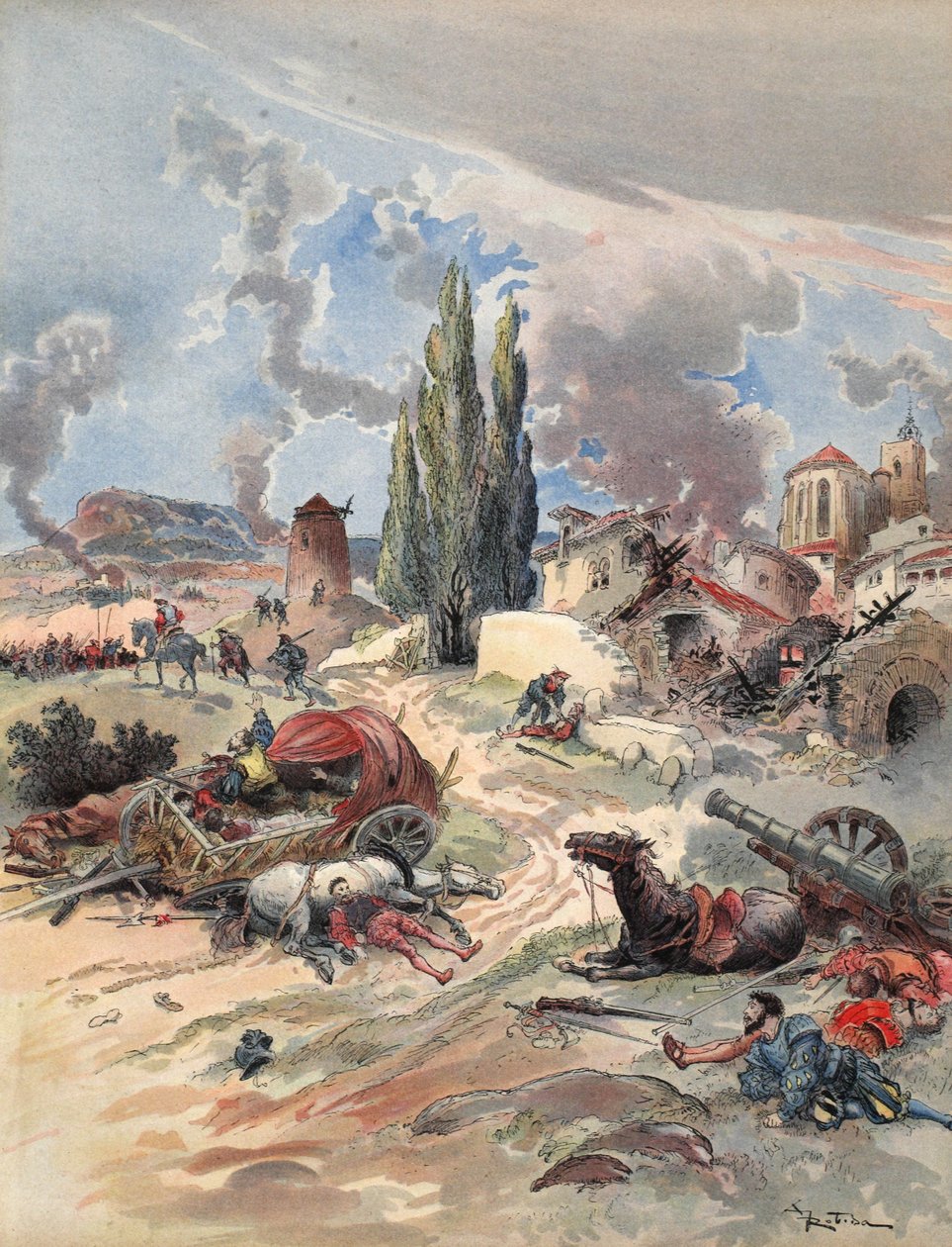 Dewastacja Prowansji, ilustracja z „Francois Ier: Le Roi Chevalier”, George G. Toudouze, wyd. 1909 (litografia kolorowa) autorstwa Albert Robida