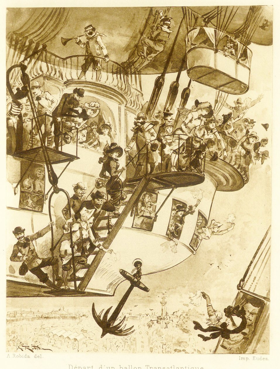 Wylot balonu transatlantyckiego, z Le Vingtieme Siecle, wyd. 1883 autorstwa Albert Robida