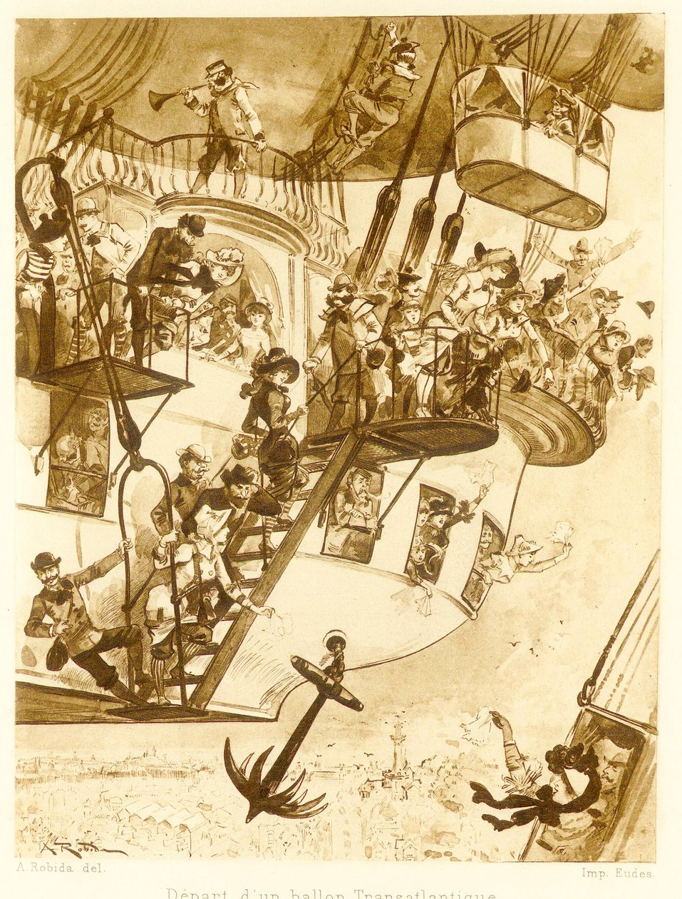 Wylot balonu transatlantyckiego, z Le Vingtieme Siecle, wyd. 1883 litografia, 1883. autorstwa Albert Robida