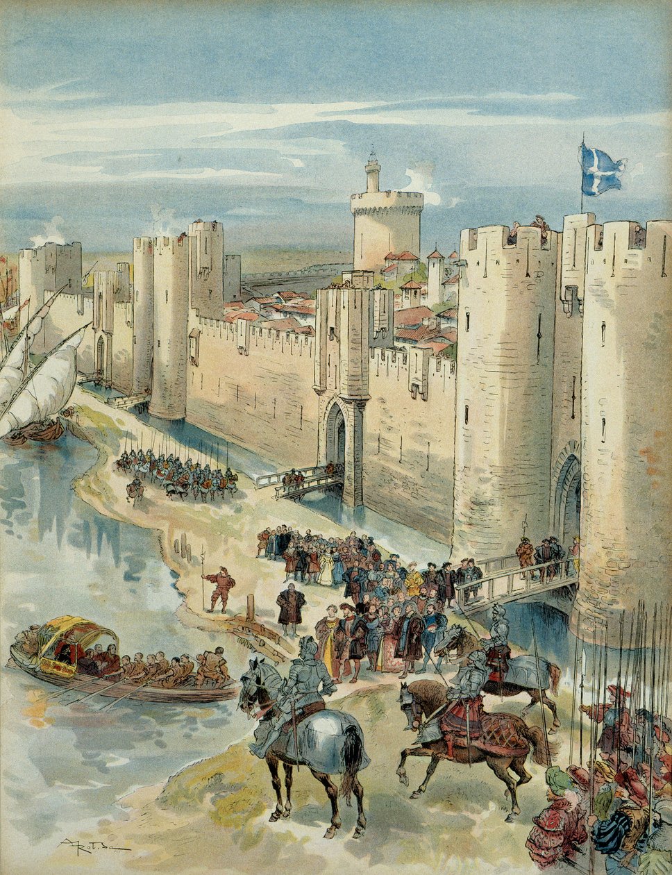 Ósma wojna włoska (1536-1538): wywiad z Aigues Mortes (lub treve z Aigues Mortes) 14 lipca 1538, spotkanie Franciszka I (1494-1547), króla Francji i Karola V (1500-1558), króla Hiszpanii i Cesarz Świętego Cesarstwa Rzymskiego Germański. Ilustracja autorstwa Albert Robida