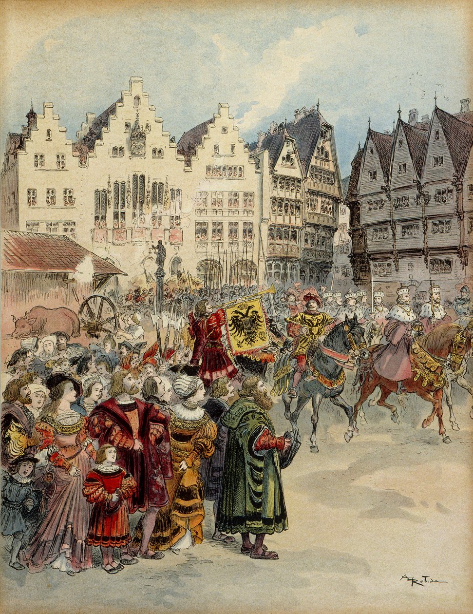 Wybór Karola V (1500-1558) na cesarza Niemiec w dniu 28 czerwca 1519 r. Ulicami Frankfurtu (Niemcy) przebiega orszak siedmiu elektorów. Ilustracja autorstwa Albert Robida