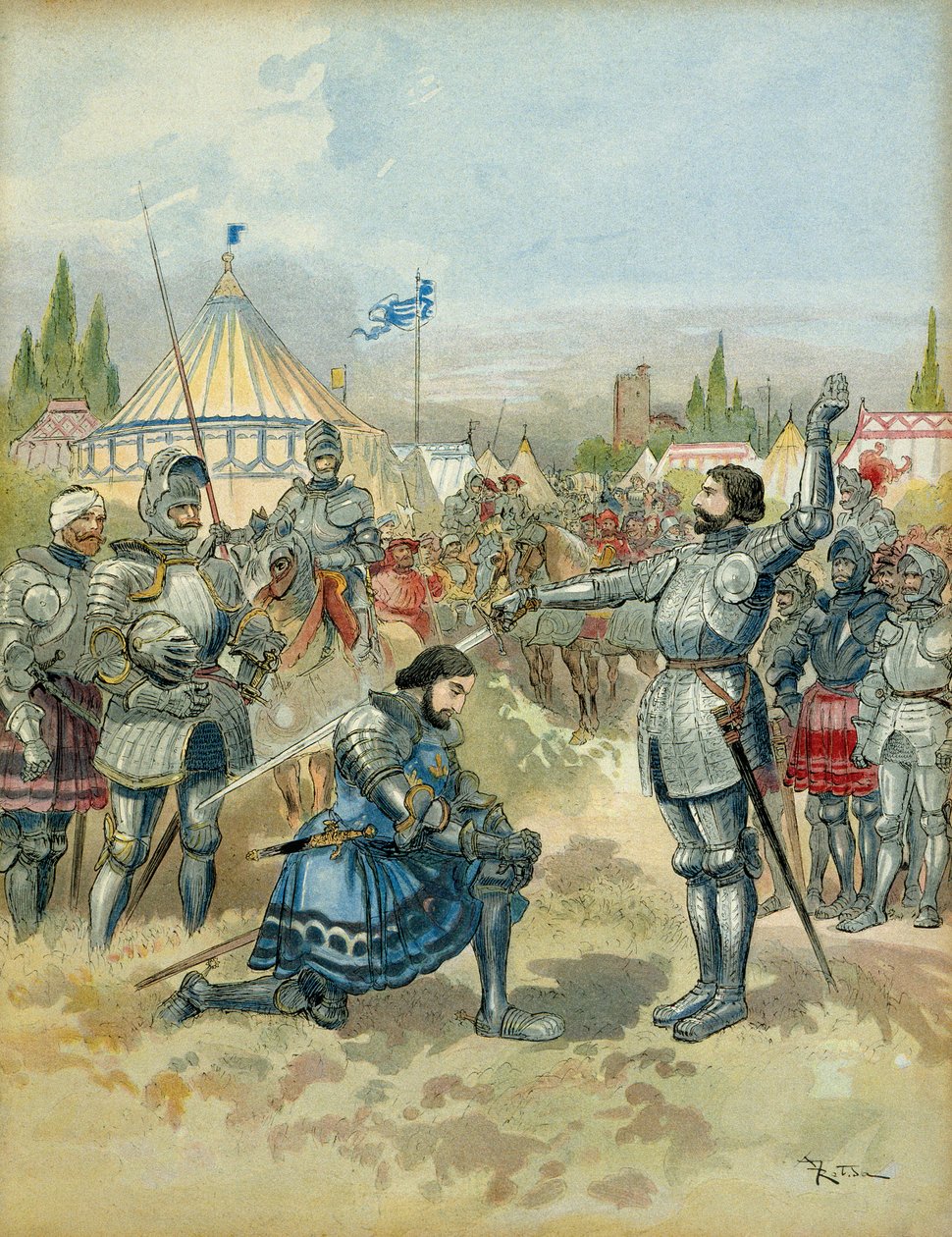 Piąta wojna włoska (1515-1516): Pierre Terrail de Bayard (1476-1524) zbroja Francois 1. (1494-1547) rycerz po bitwie pod Marignan (Maregnano) (Włochy), wieczorem 14 września 1515. Ilustracja autorstwa Albert Robida