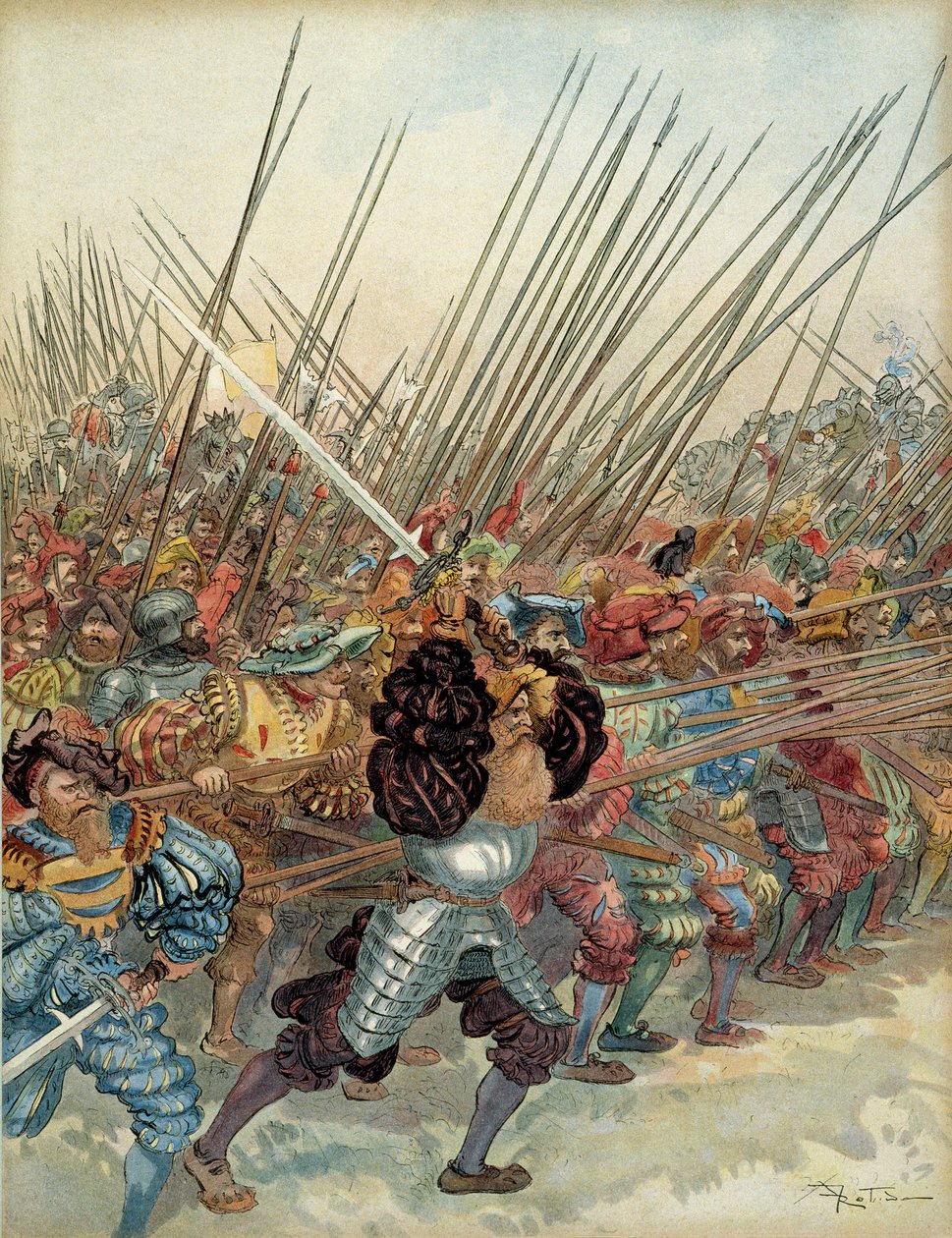 Piąta wojna włoska (1515-1516): Szwajcarska szarża na broń Francois I (1494-1547) i jego weneckich sojuszników w Marignan (Włochy) autorstwa Albert Robida