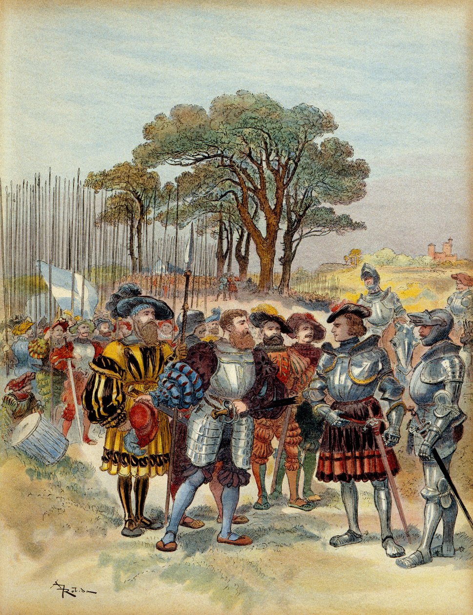 V wojna włoska (1515-1516): w obozie wycofali się z Bicocca (bicoque) przed Mediolanem (Włochy), w 1516 Szwajcarzy zażądali zapłaty, konge lub bitwy, Odet de Foix, wicehrabia de Lautrec, marszałek Francji (1485-1528) nie mógł im zapłacić. Ilustracja autorstwa Albert Robida